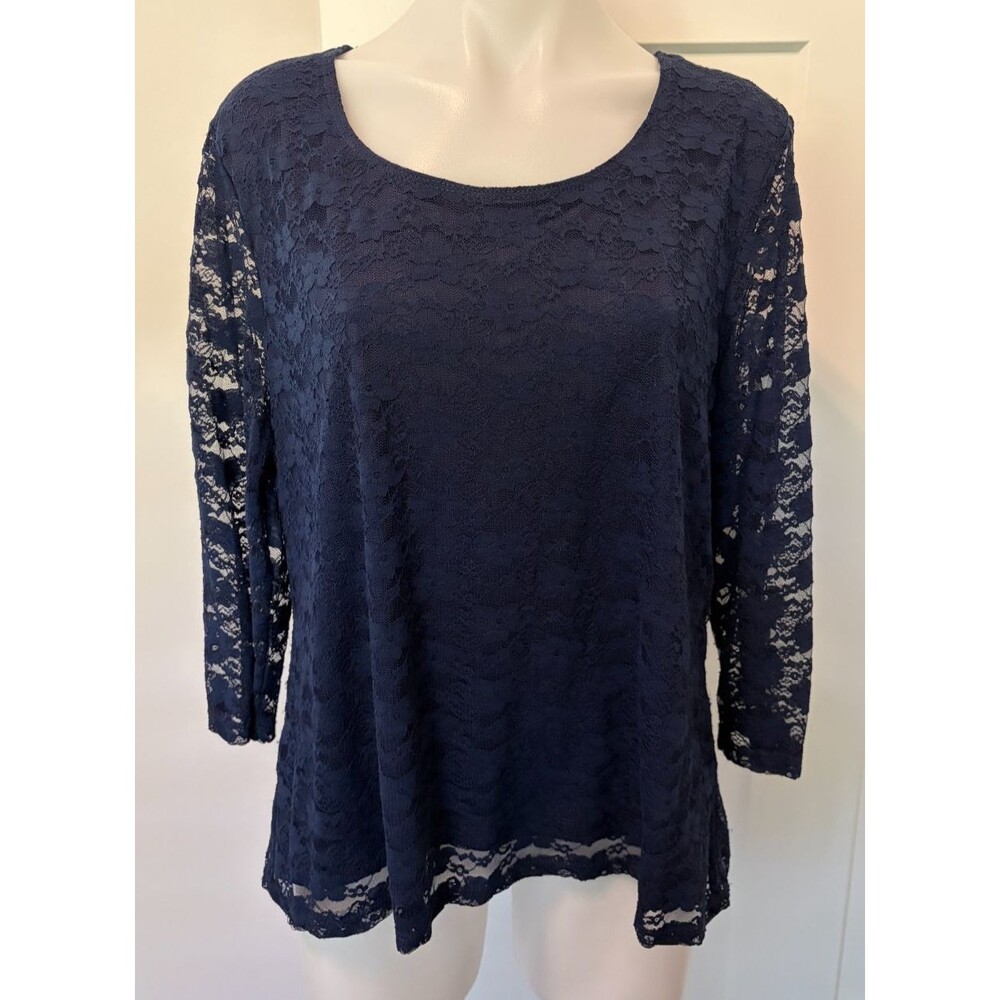 Coldwater Creek Womens Knit TOP 3/4 Sleeve Blue Lace Size PXL